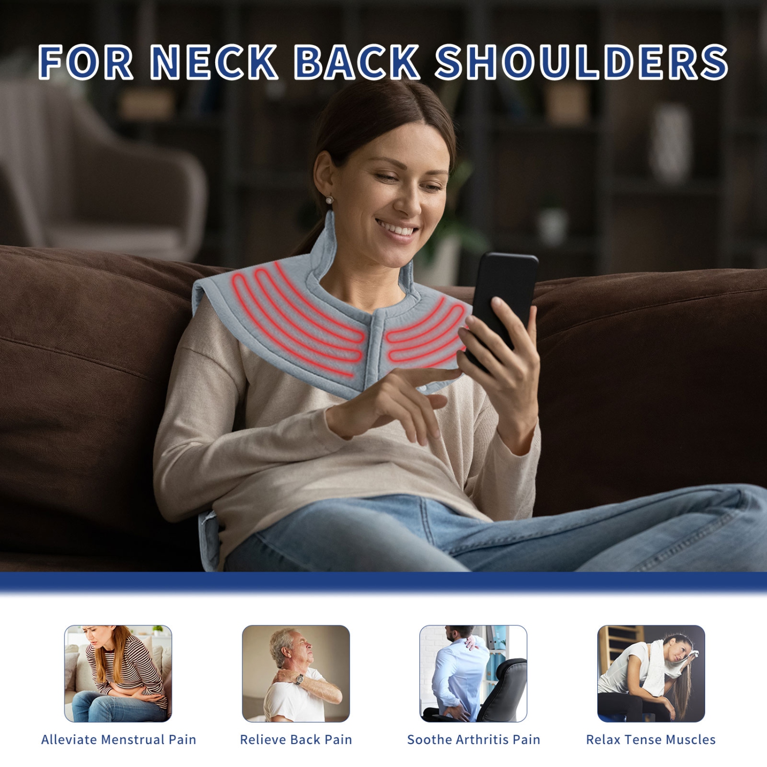 Wearable electric heating pad for warming shoulders, neck, and back with 9-level automatic temperature adjustment, up to 4 hours of auto shut-off