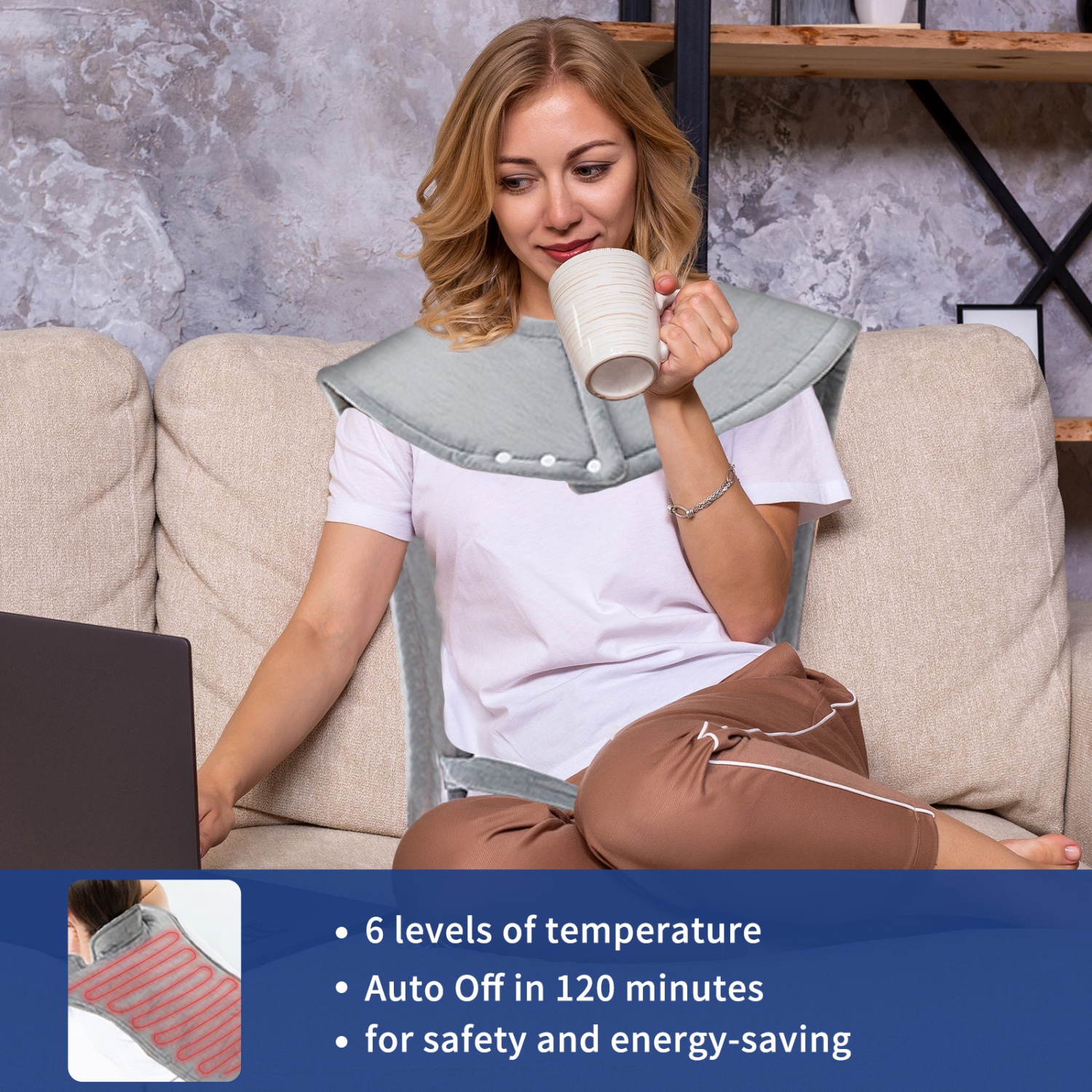 Wearable electric heating pad for warming shoulders, neck, and back with 9-level automatic temperature adjustment, up to 4 hours of auto shut-off