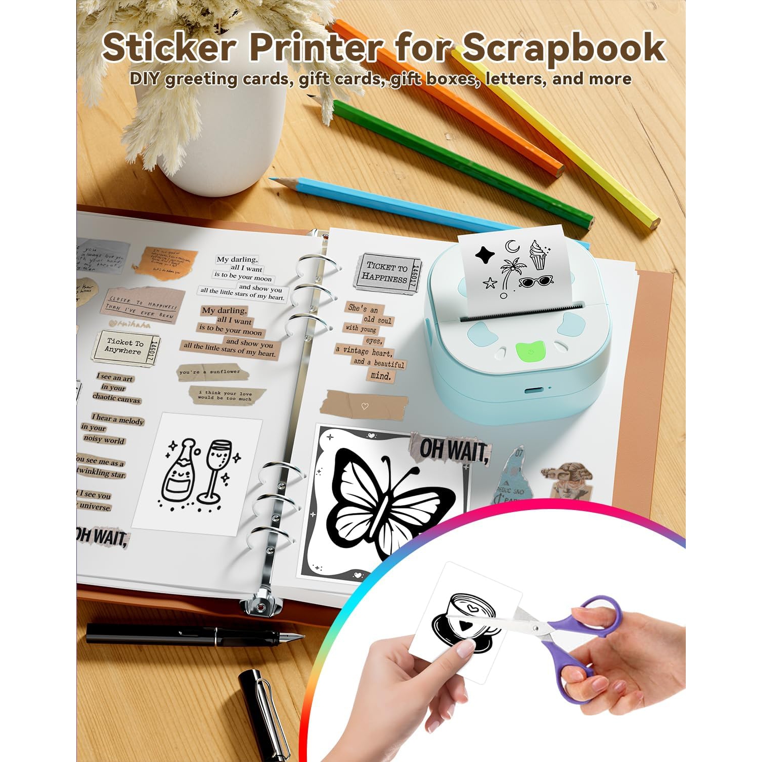 Sticker Printer,Mini Portable Thermal Printer,Bluetooth Portable Sticker Maker with 3 Roll Paper,Inkless Thermal Printers for Notes Journal DIY,Kids