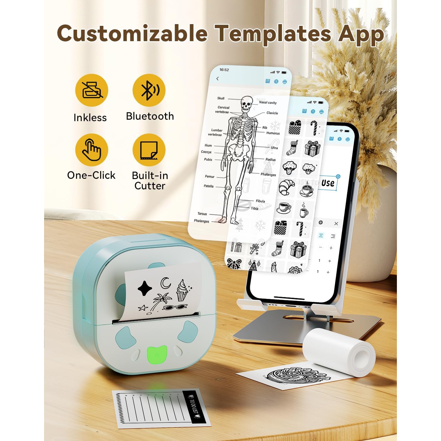 Sticker Printer,Mini Portable Thermal Printer,Bluetooth Portable Sticker Maker with 3 Roll Paper,Inkless Thermal Printers for Notes Journal DIY,Kids