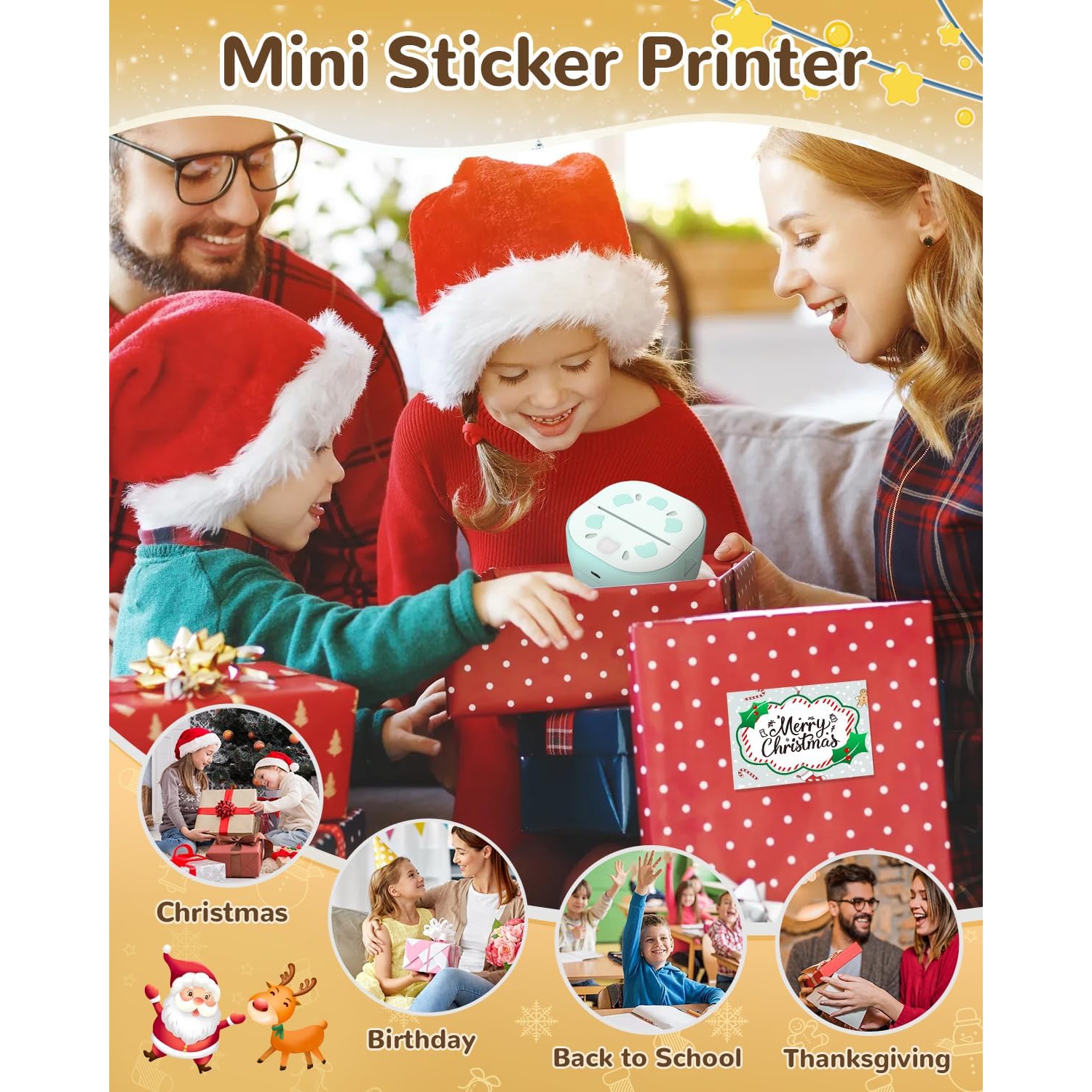 Sticker Printer,Mini Portable Thermal Printer,Bluetooth Portable Sticker Maker with 3 Roll Paper,Inkless Thermal Printers for Notes Journal DIY,Kids