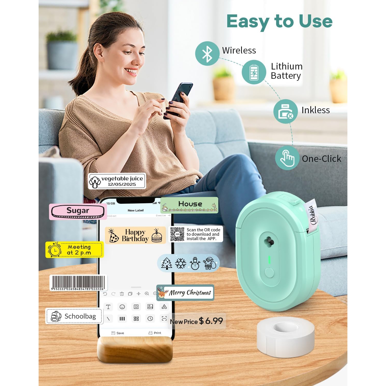 Label Maker Machine with Tape,Portable Bluetooth Label Printer,Wireless Mini Label Makers Thermal Sticker with Multiple Template for Home Kitchen