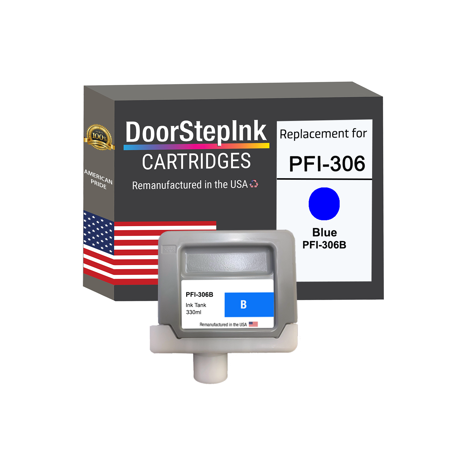 DoorStepInk Brand for Canon PFI-306 330ML Blue Remanufactured in the USA Ink Cartridge