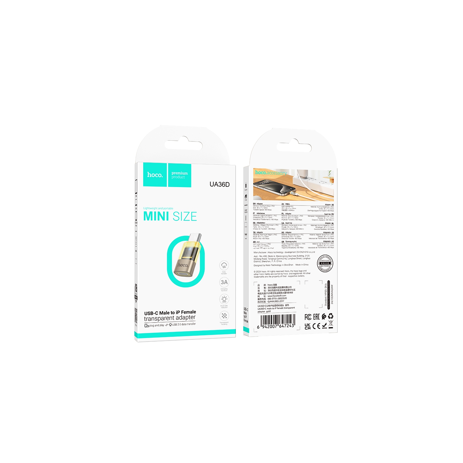 UA36D USB-C Male to iP Female OTG Transparent Adapter