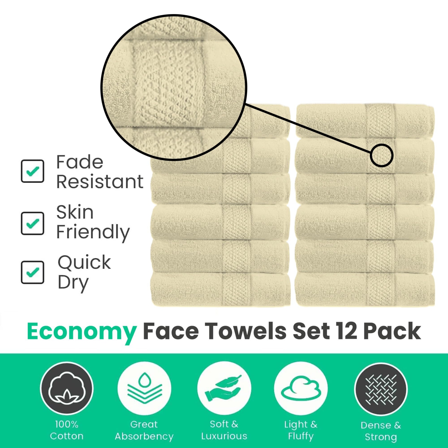 Canadian Linen Economy Washcloths Set,12 Pack, 12”x12” 100% Cotton Cream Color Face Towel Soft Absorbent Lightweight Face Cloths for Spa Hair Salon