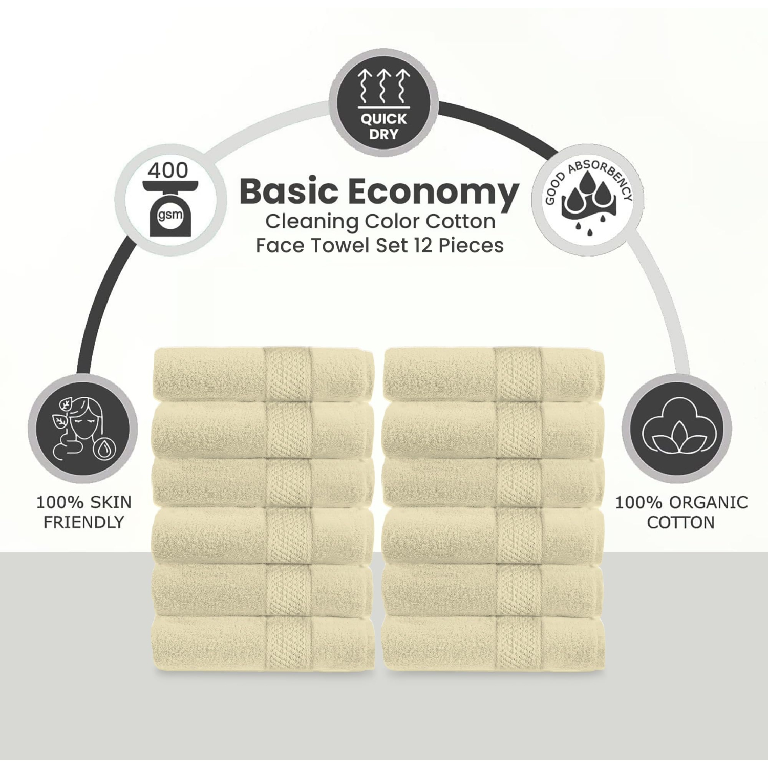 Canadian Linen Economy Washcloths Set,12 Pack, 12”x12” 100% Cotton Cream Color Face Towel Soft Absorbent Lightweight Face Cloths for Spa Hair Salon