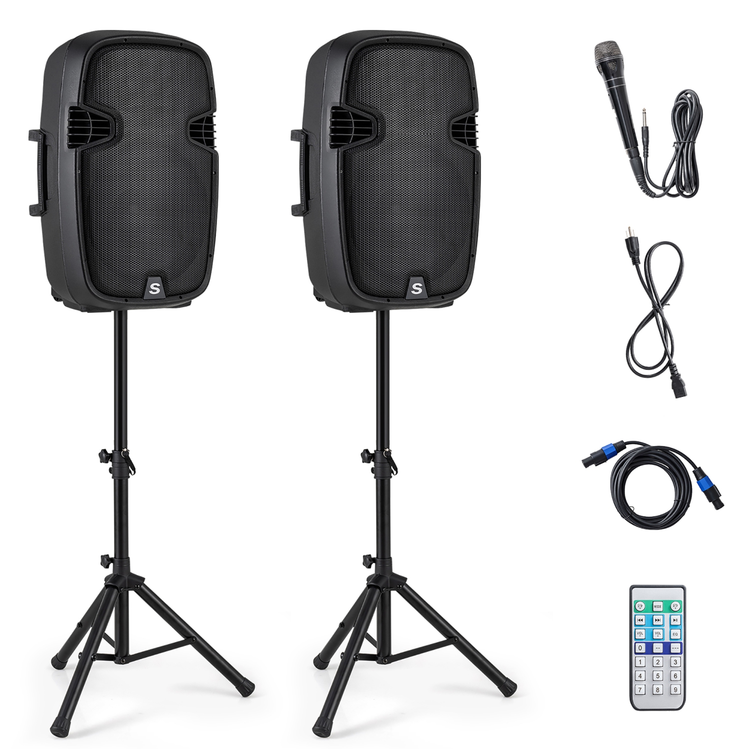 Gymax Portable Dual 15'' 2-way 2000 W Powered Speakers w/ Stands & Controller