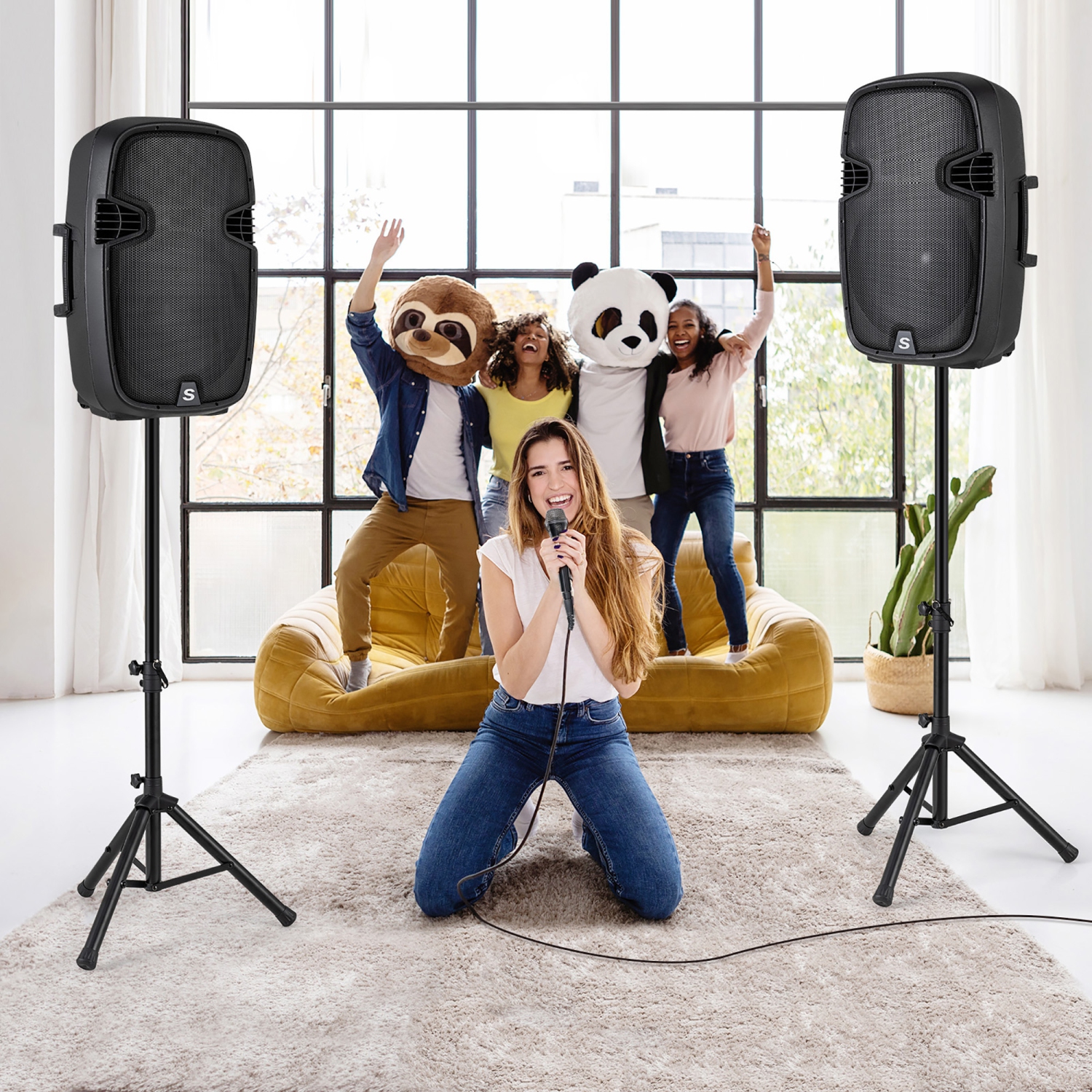Gymax Portable Dual 15'' 2-way 2000 W Powered Speakers w/ Stands & Controller