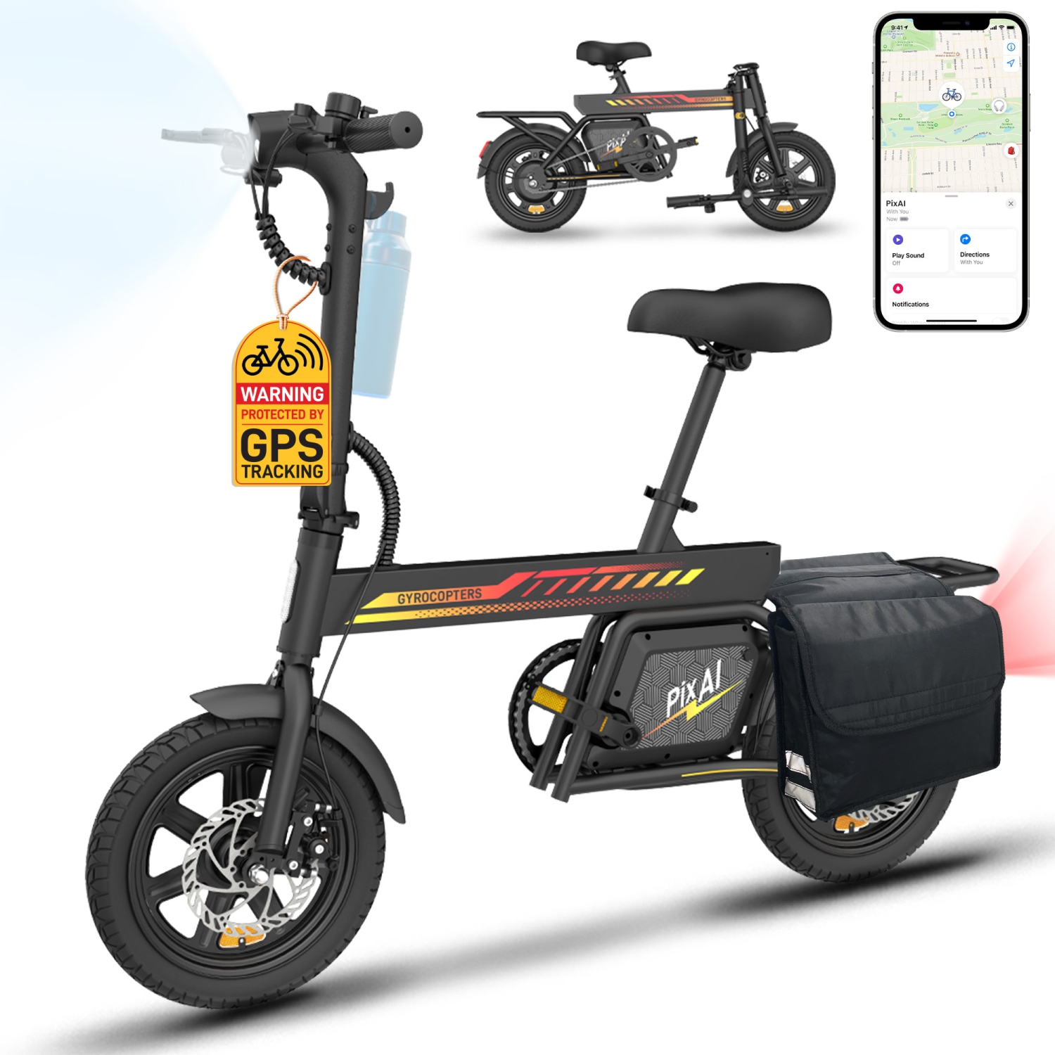 Gyrocopters PixAI Electric foldable cargo Bike for Adults/Teen with Bag, UL2849 Safe, PAS Range Upto 70km, Speed Upto 32km/h, Anti-Theft GPS, Dual