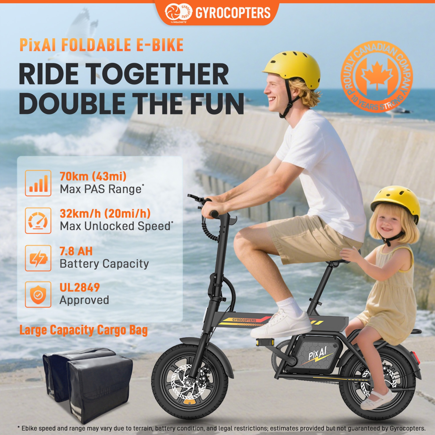 Gyrocopters PixAI Electric foldable cargo Bike for Adults/Teen with Bag, UL2849 Safe, PAS Range Upto 70km, Speed Upto 32km/h, Anti-Theft GPS, Dual
