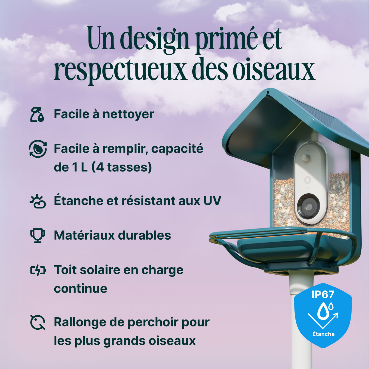 Mangeoire à oiseaux intelligente à énergie solaire Pro avec caméra et extension de perchoir de Bird Buddy - Bleu - Partenaire de détail exclusif