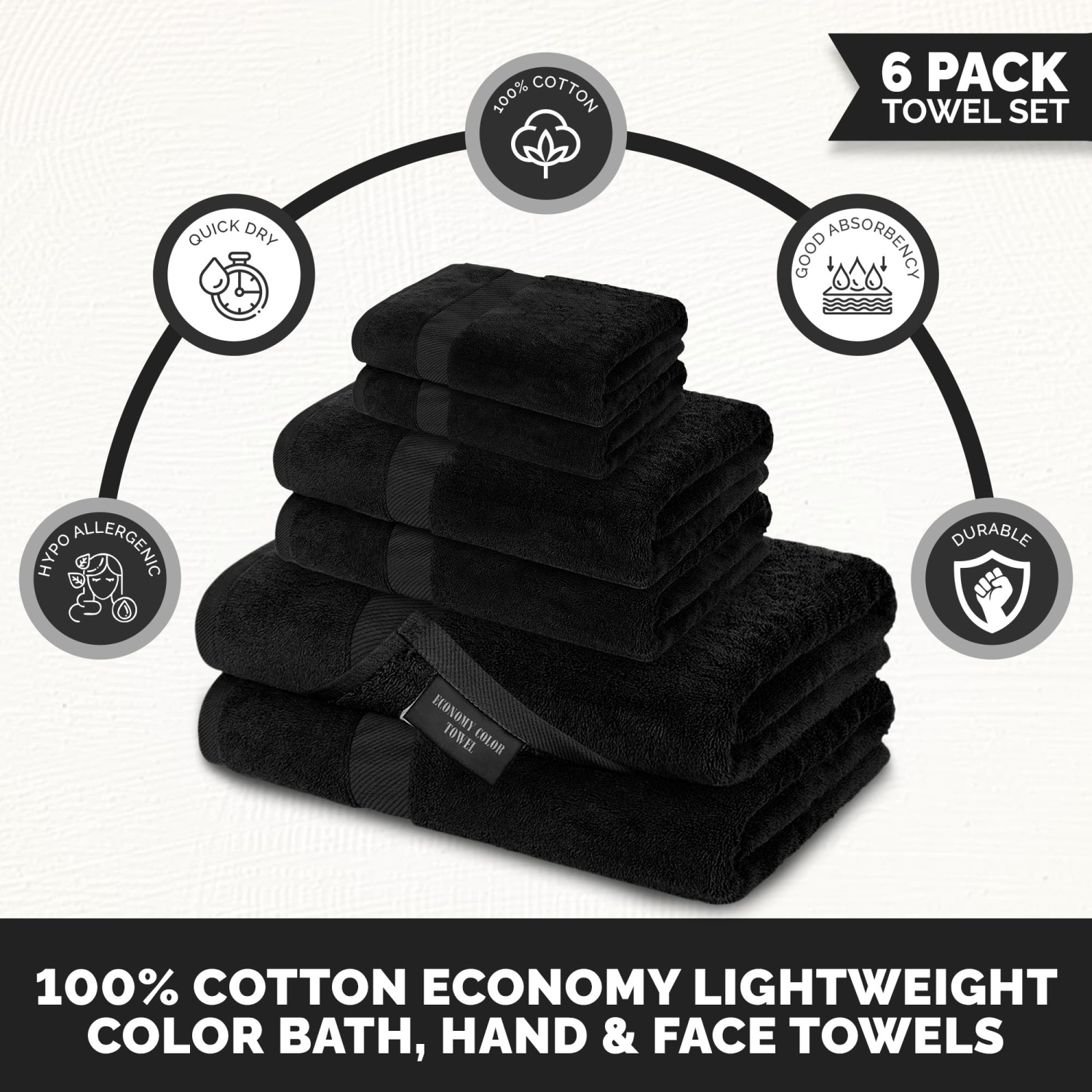 Canadian Linen Economy Bathroom Towel Set, 6 Pack: 2 Bath Towels 2 Hand Towels 2 Washcloths, 100% Cotton Soft Absorbent Light Weight Fade Resistant