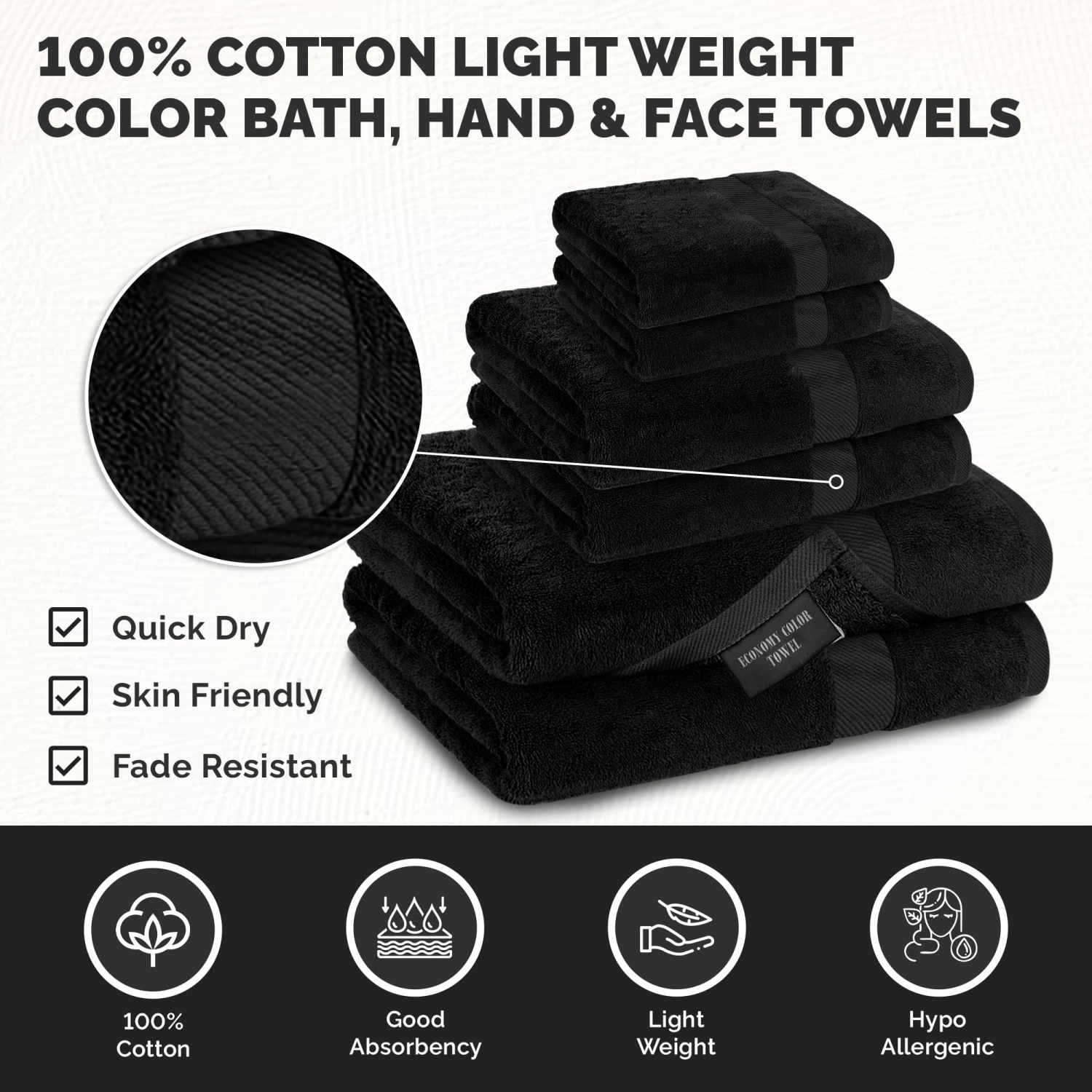 Canadian Linen Economy Bathroom Towel Set, 6 Pack: 2 Bath Towels 2 Hand Towels 2 Washcloths, 100% Cotton Soft Absorbent Light Weight Fade Resistant