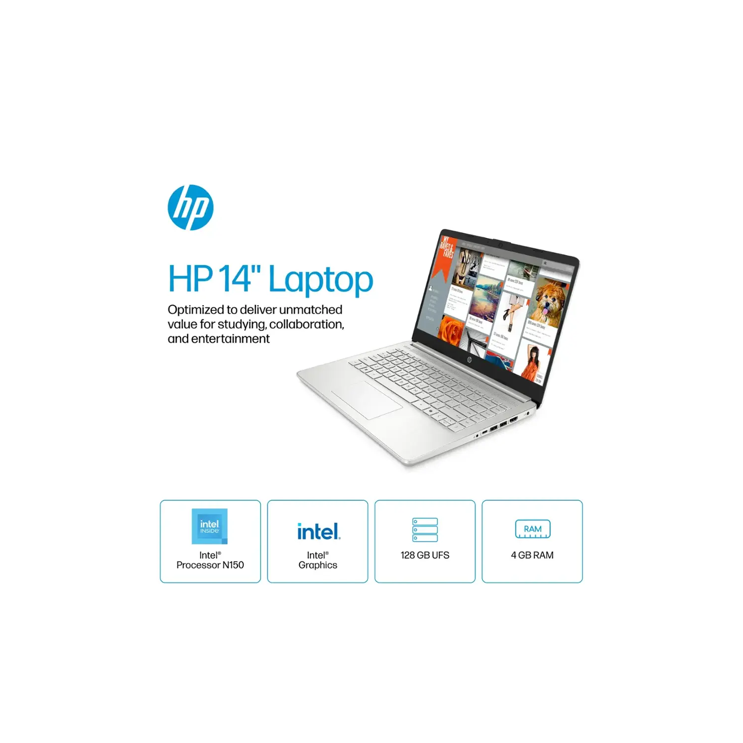 HP 14" Laptop, Intel Processor N150, 16GB Memory 128GB UFS, Microsoft Copilot, Windows 11 Home in S Mode, Wi-Fi 6, Lightweight, Bluetooth, HDMI,