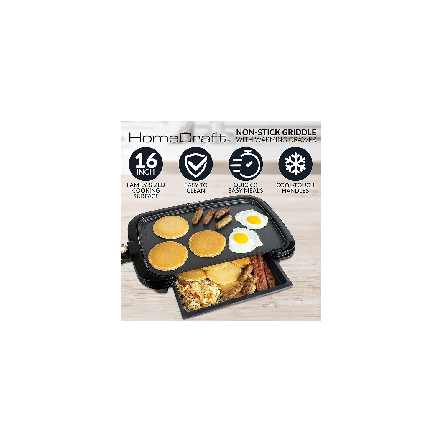 HomeCraft HCGDWD160BK Large 16x10 Non-Stick Griddle With Warming Drawer, Adjustable Temperature Control, Cool-Touch Handles, Perfect For Keto &