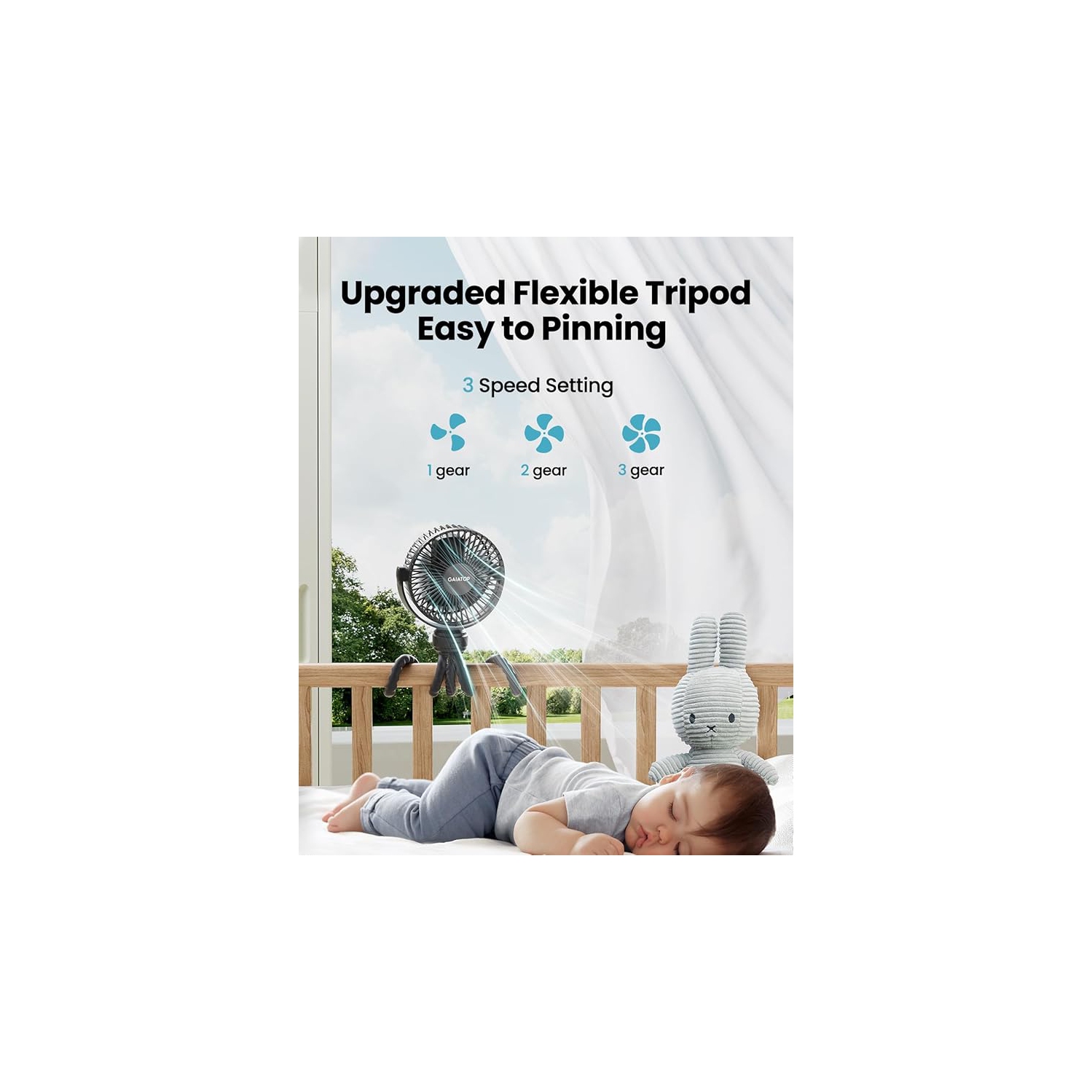 Gaiatop Mini Portable Pram Fan, Rechargeable Small Clip on Fan for Stroller, Detachable 3 Speed 360 Degree Rotate Flexible Tripod Handheld Desk