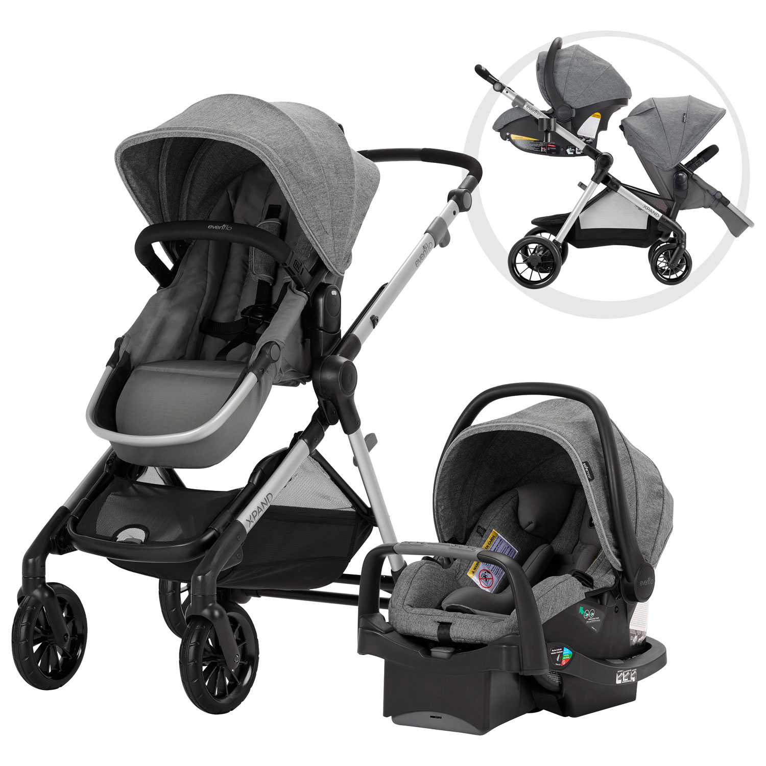 Système de transport modulaire intelligent Gold SensorSafe Pivot Xpan d'Evenflo avec siège d'auto pour bébé LiteMax - Gris lunaire