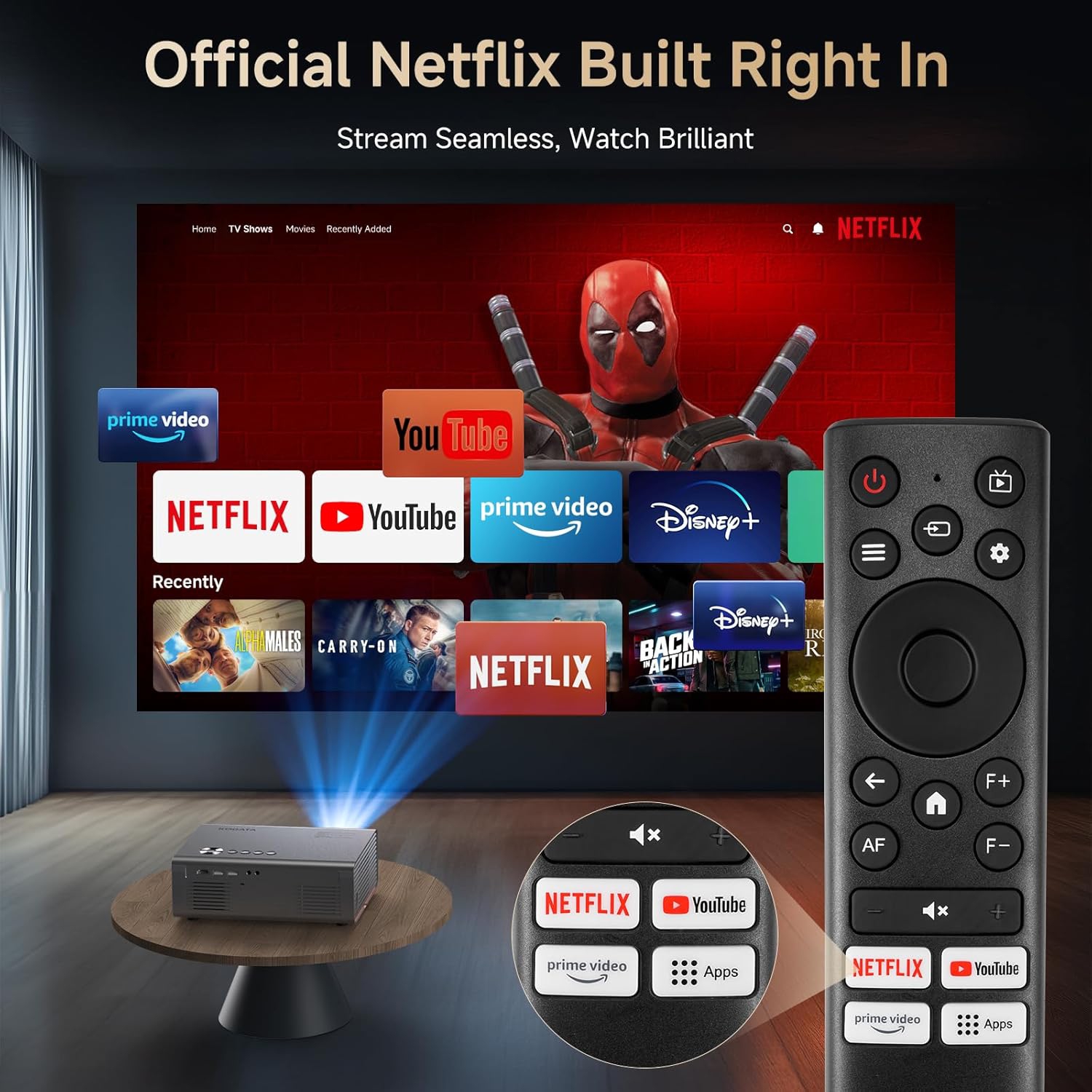 Kogata Netflix Licensed Smart Projector: 1000ANSI 4K | Auto Focus, 6D Keystone, HDR10+, Dolby Audio | WiFi 6, Bluetooth 5.2