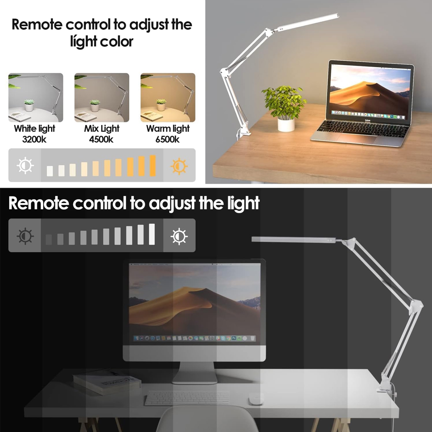 Lampe de bureau à pince avec protection des yeux, lampe de lecture pliable à bras long LED trois couleurs, idéale pour la chambre et le bureau