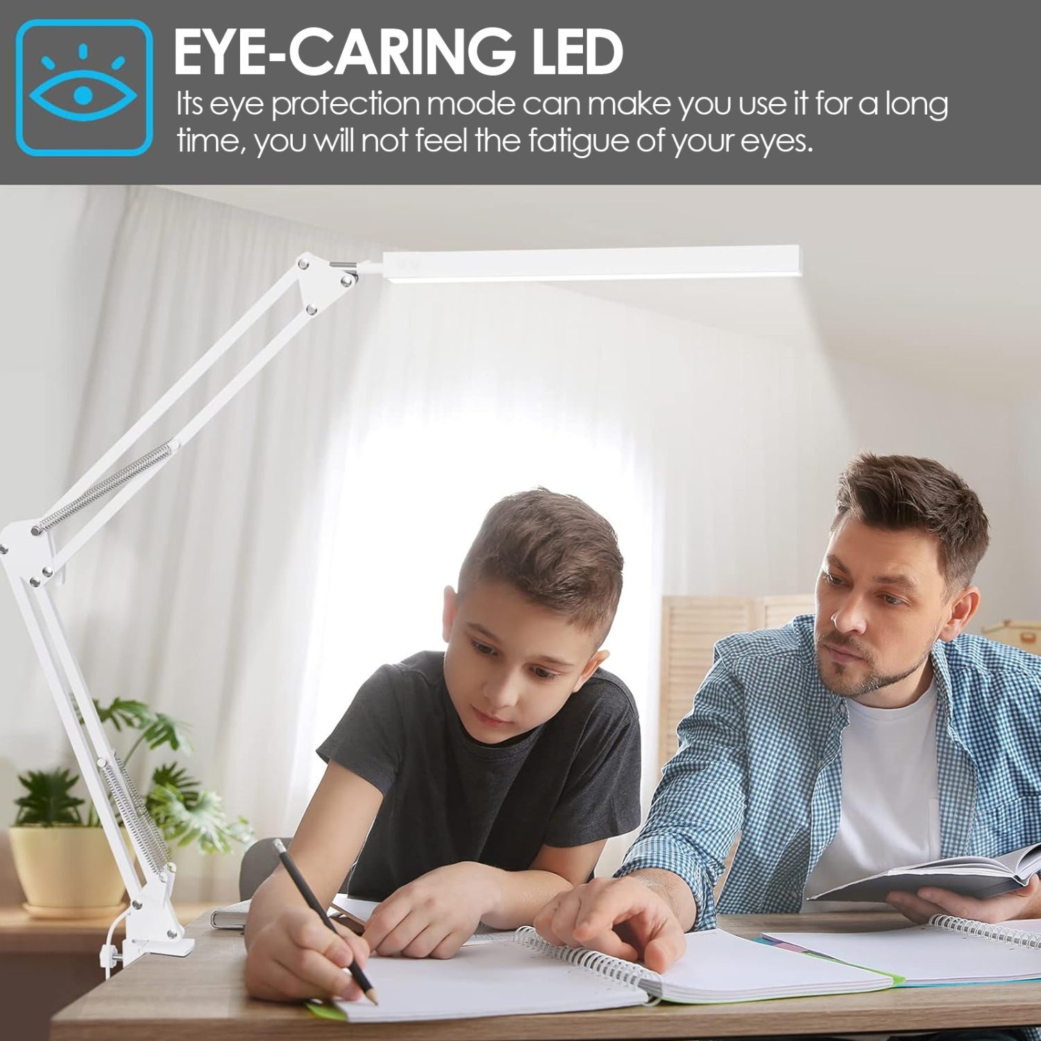 Lampe de bureau à pince avec protection des yeux, lampe de lecture pliable à bras long LED trois couleurs, idéale pour la chambre et le bureau