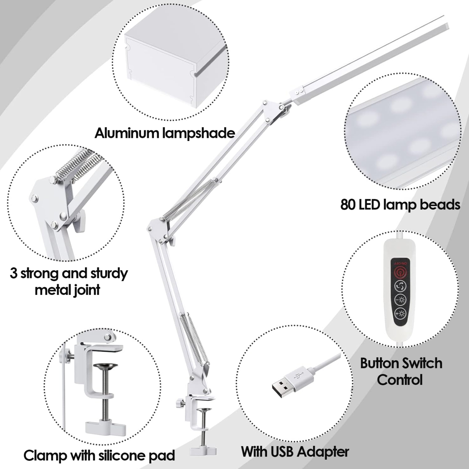 Lampe de bureau à pince avec protection des yeux, lampe de lecture pliable à bras long LED trois couleurs, idéale pour la chambre et le bureau