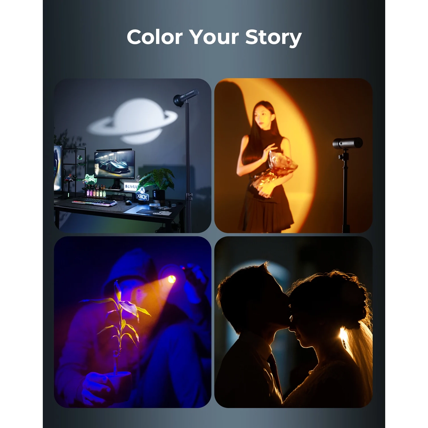 Lampe de poche de photographie avec 4 couleurs/10 filtres Gobo, projecteur vidéo portatif LED à motif lumière de coucher de soleil ambiante pour