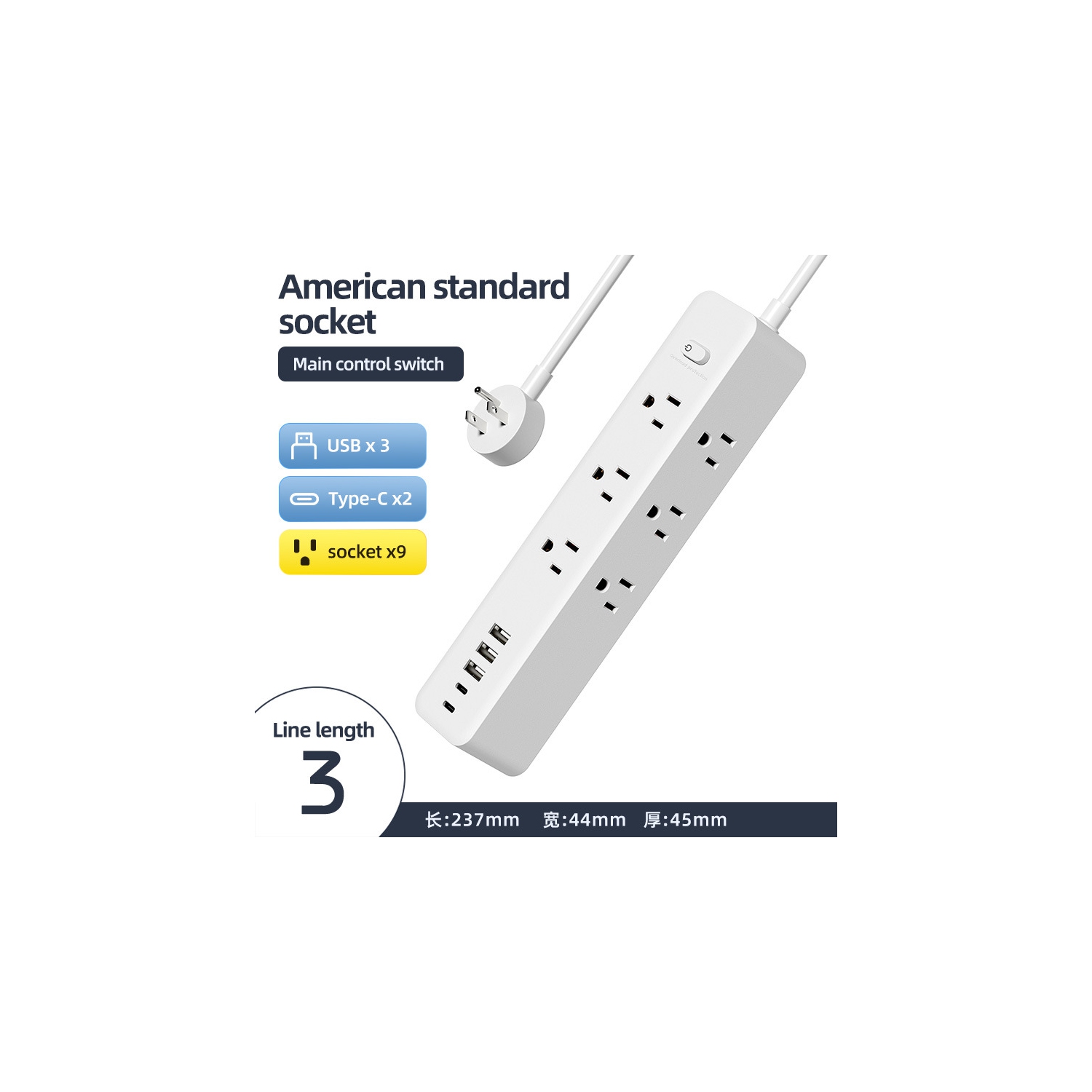 110V US Standard Socket USB Socket Board Terminal Block US-Mexico Power Converter Multi-hole Socket - NN-27 White [3m] 9-hole