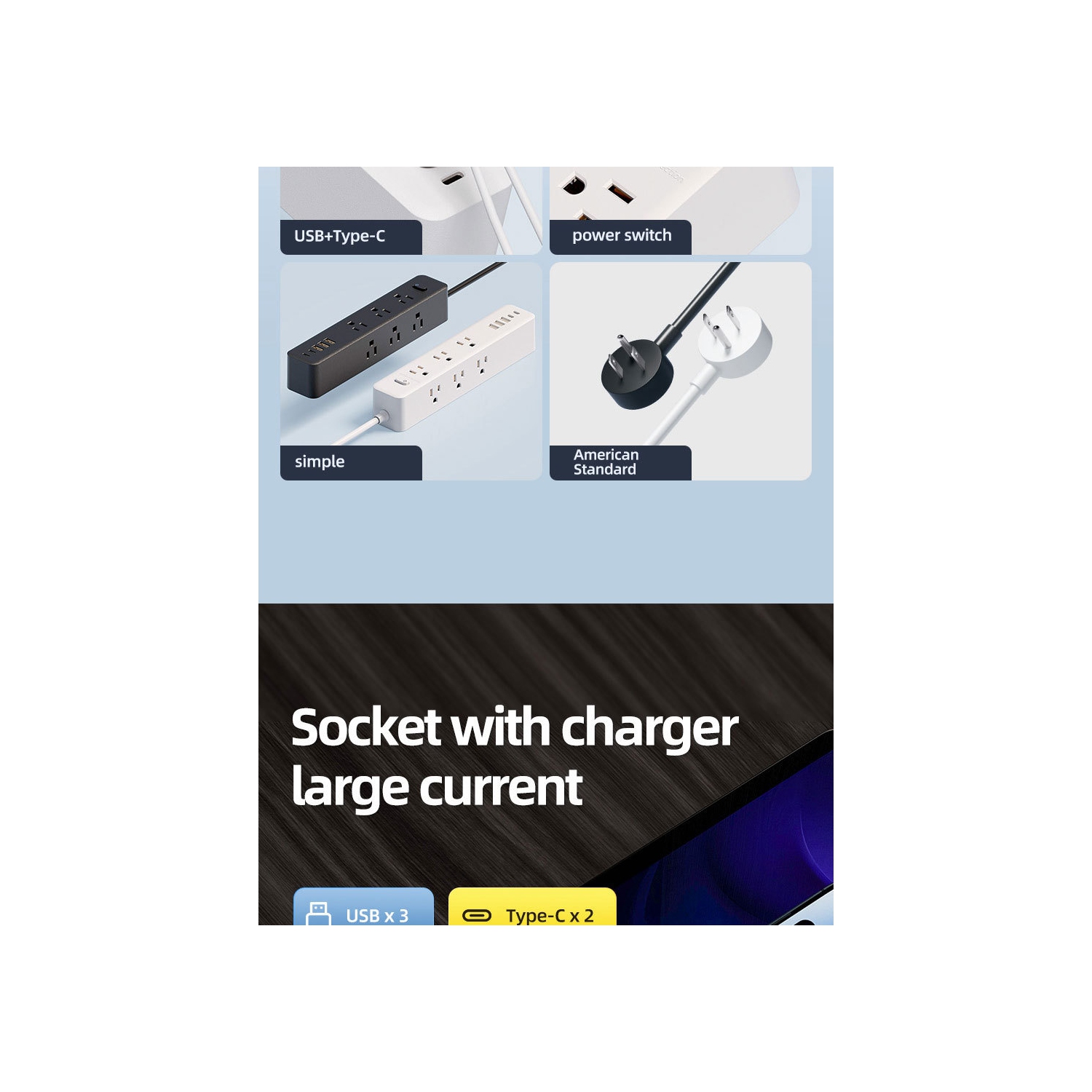 110V US Standard Socket USB Socket Board Terminal Block US-Mexico Power Converter Multi-hole Socket - NN-27 White [3m] 9-hole