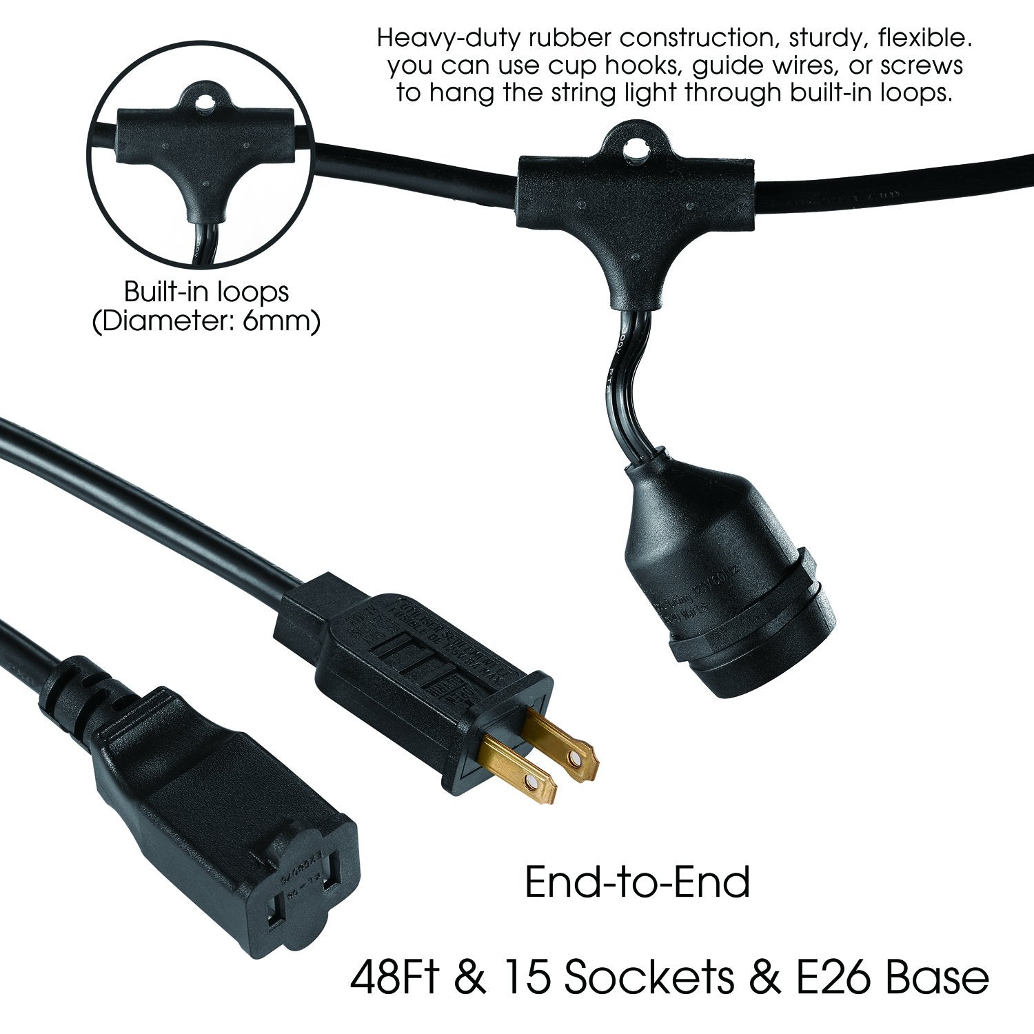 Guirlande de lumières d'extérieur LightingByHHD à l'épreuve des intempéries LED – 15 ampoules E26 certifiées UL pour le jardin, le patio et la