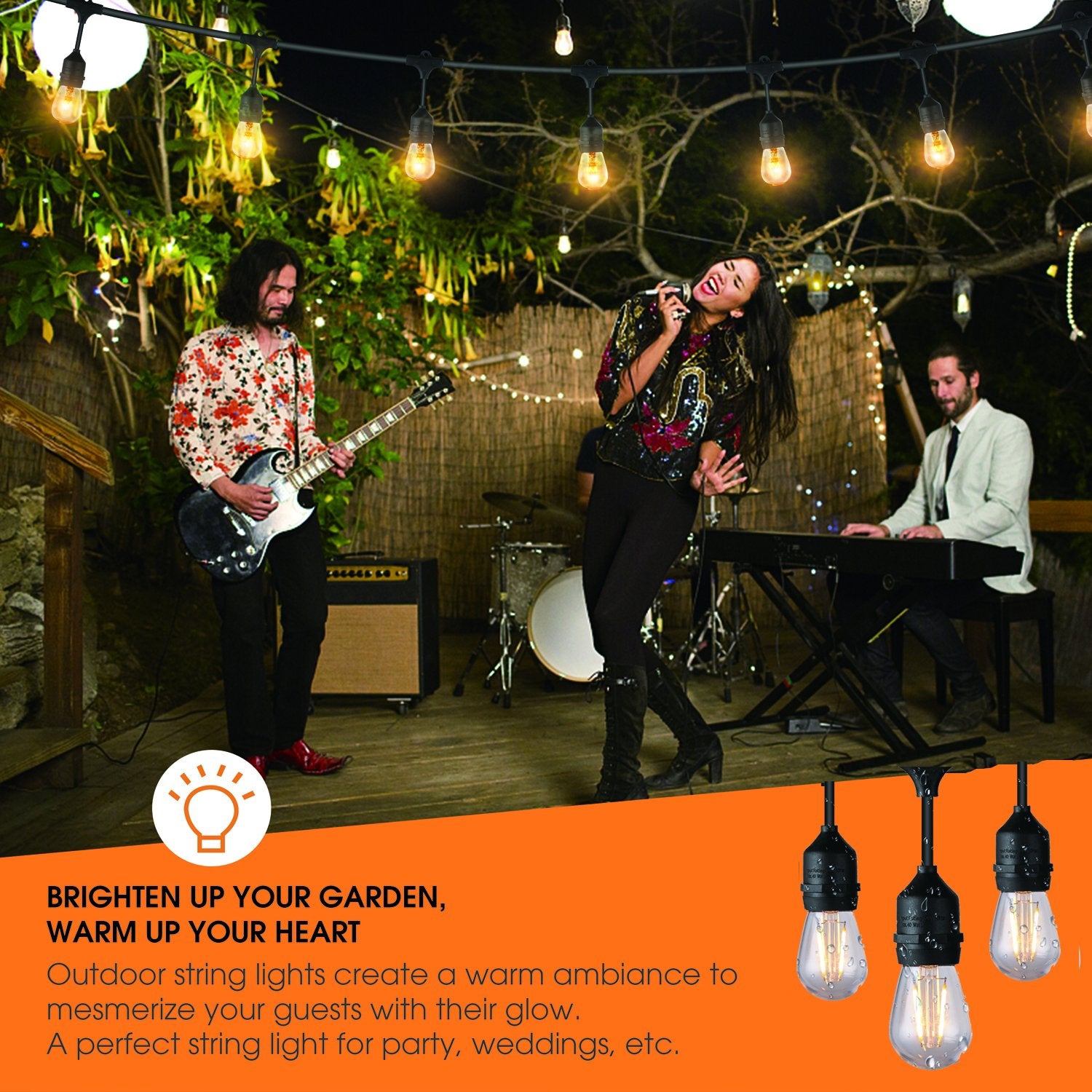 Guirlande de lumières d'extérieur LightingByHHD à l'épreuve des intempéries LED – 15 ampoules E26 certifiées UL pour le jardin, le patio et la