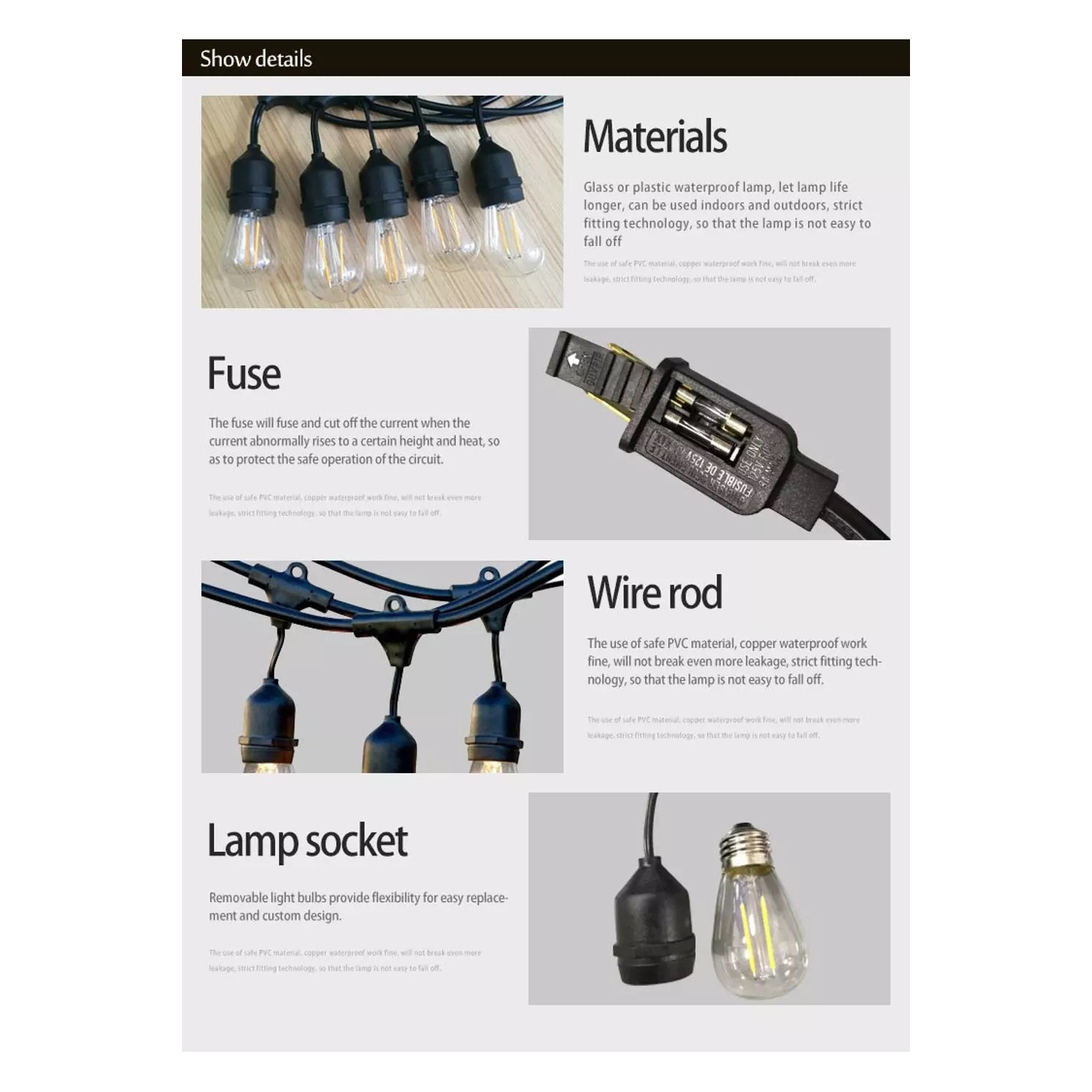 Guirlande de lumières d'extérieur LightingByHHD à l'épreuve des intempéries LED – 15 ampoules E26 certifiées UL pour le jardin, le patio et la