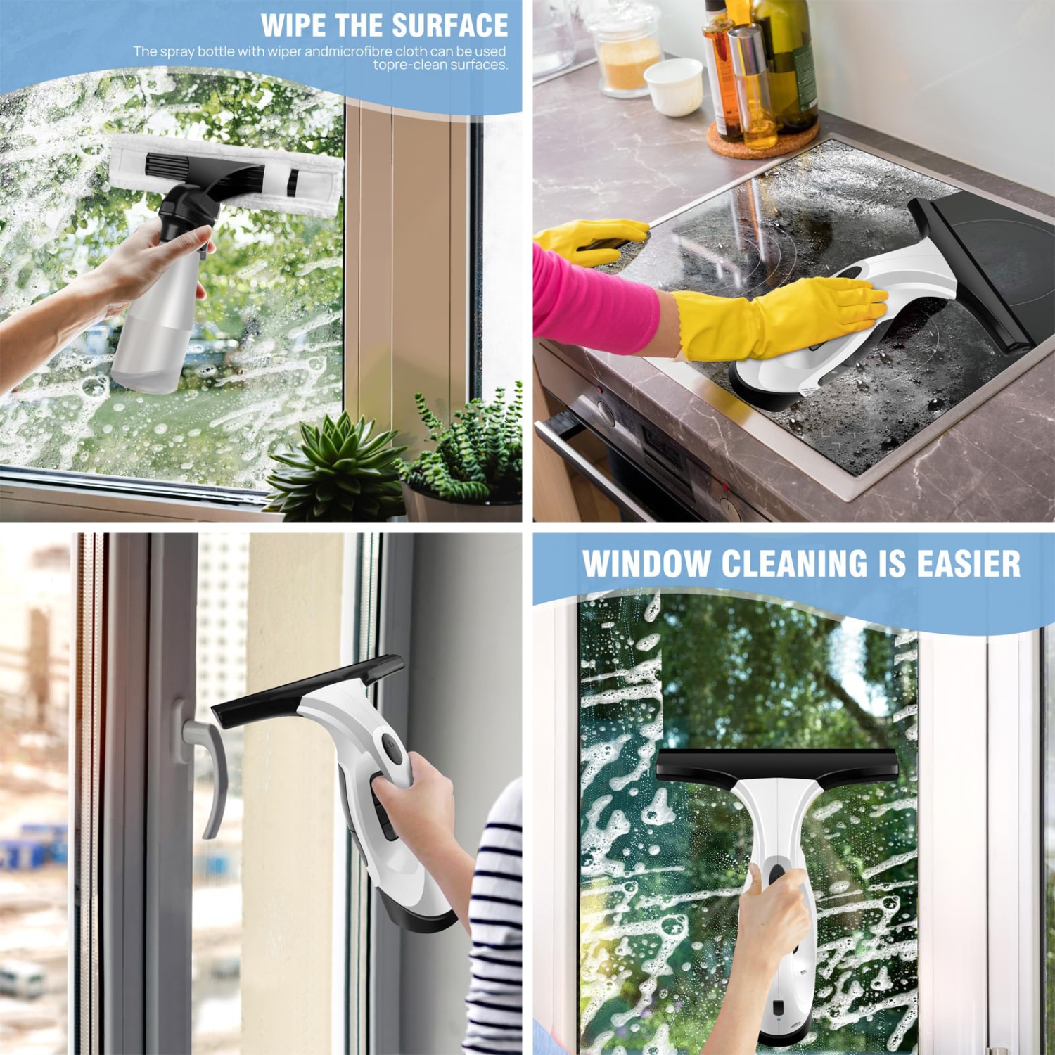 Window Vacuum Cleaner Set, 3 in 1 Cordless Window Vac with Spray/Wipe/Suck up Water, Window Cleaning Tool for Shower Wall Mirror Car Windshield