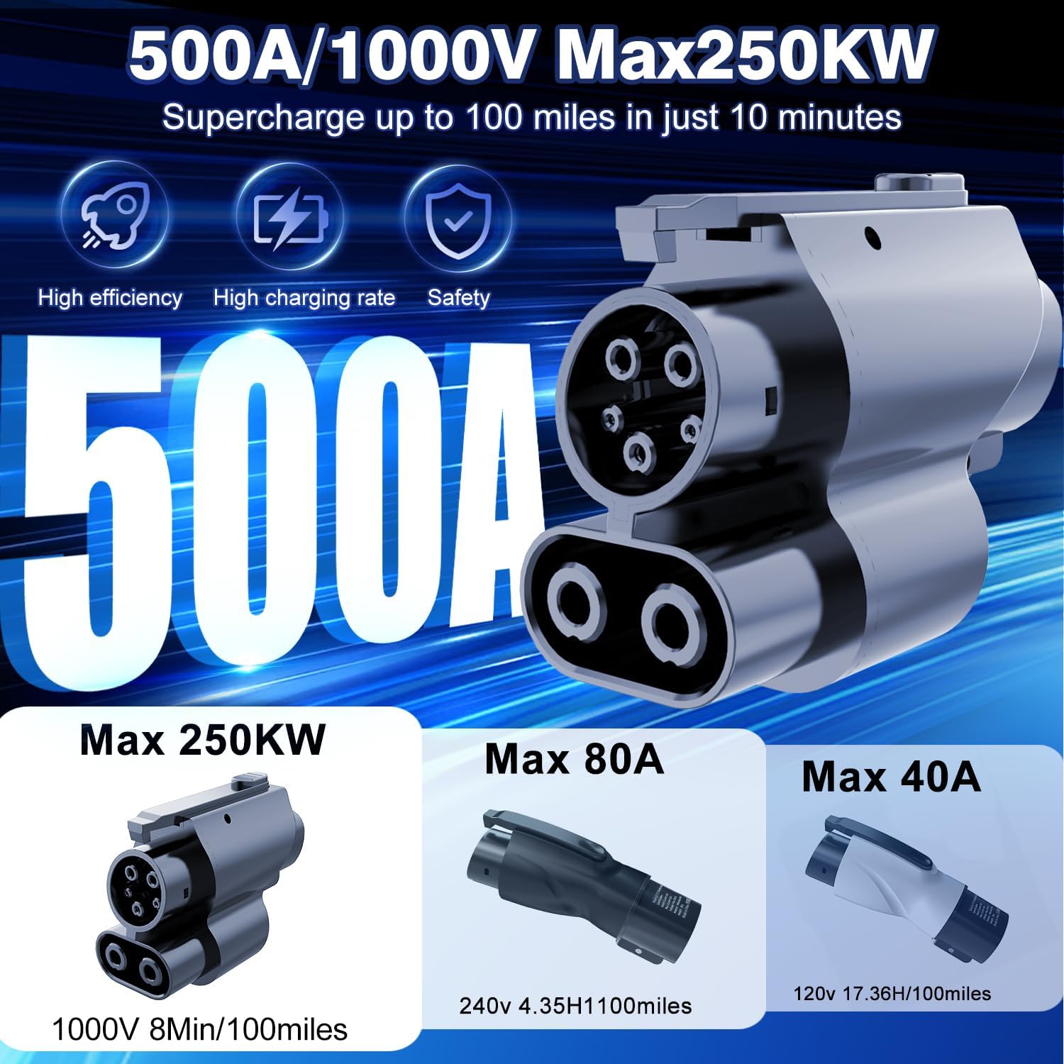 EVCONN Tesla – Adaptateur de charge NACS vers CCS1 pour véhicule électrique, 1000 V, 250 kW - Noir