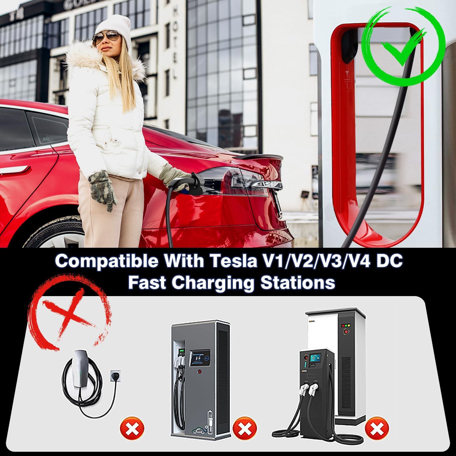 EVCONN Tesla – Adaptateur de charge NACS vers CCS1 pour véhicule électrique, 1000 V, 250 kW - Noir