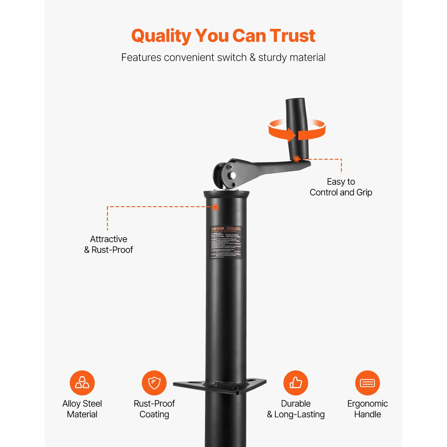 VEVOR 15-inch A-Frame Trailer Jack, 2000 lbs Dynamic Load Capacity, Trailer Jack Stand with Handle & Rectangular Footpad, Suitable for RV, Horse,