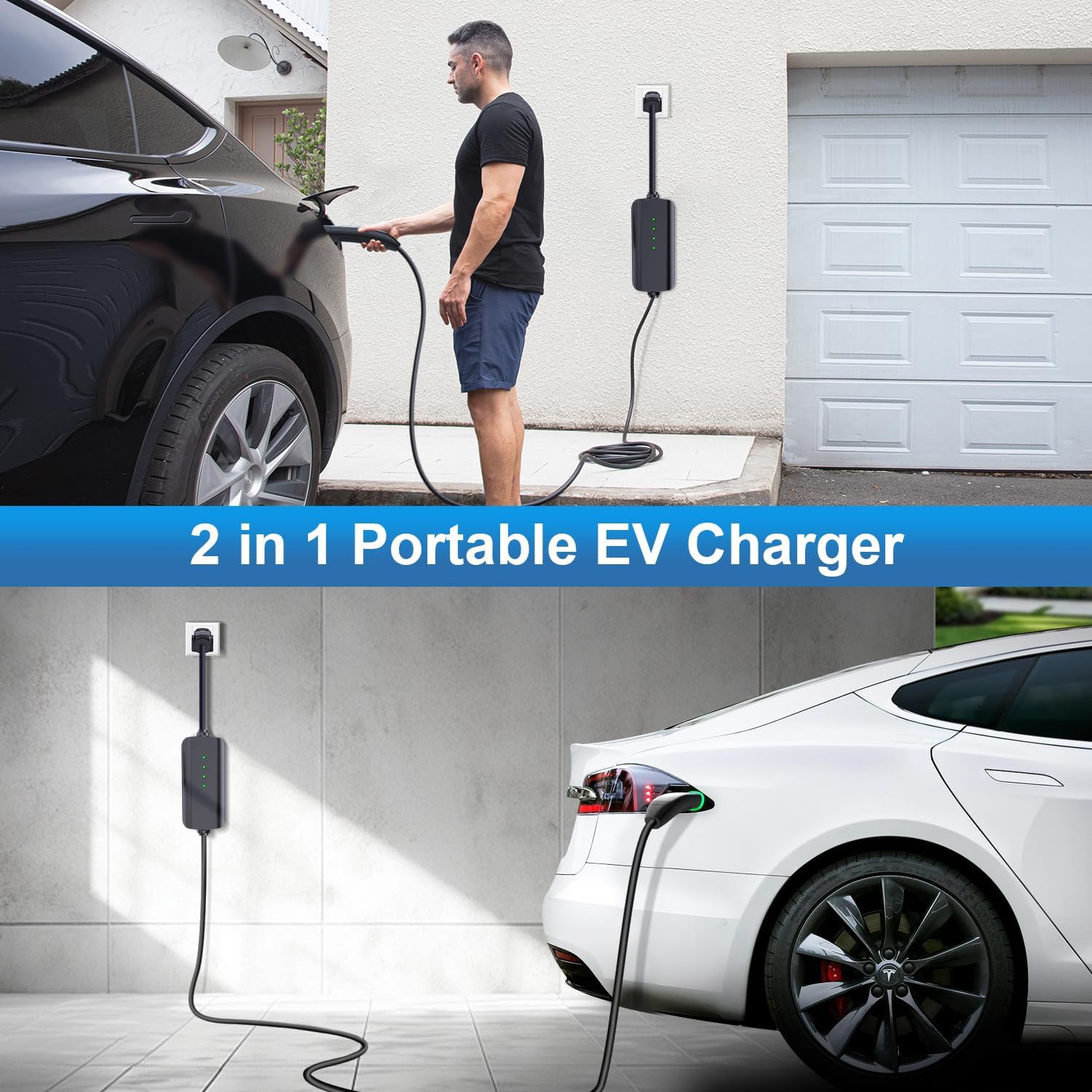 EVCONN - Chargeur NACS jusqu'à 16&nbsp;A pour véhicule électrique portatif, cordon 25&nbsp;pi - noir