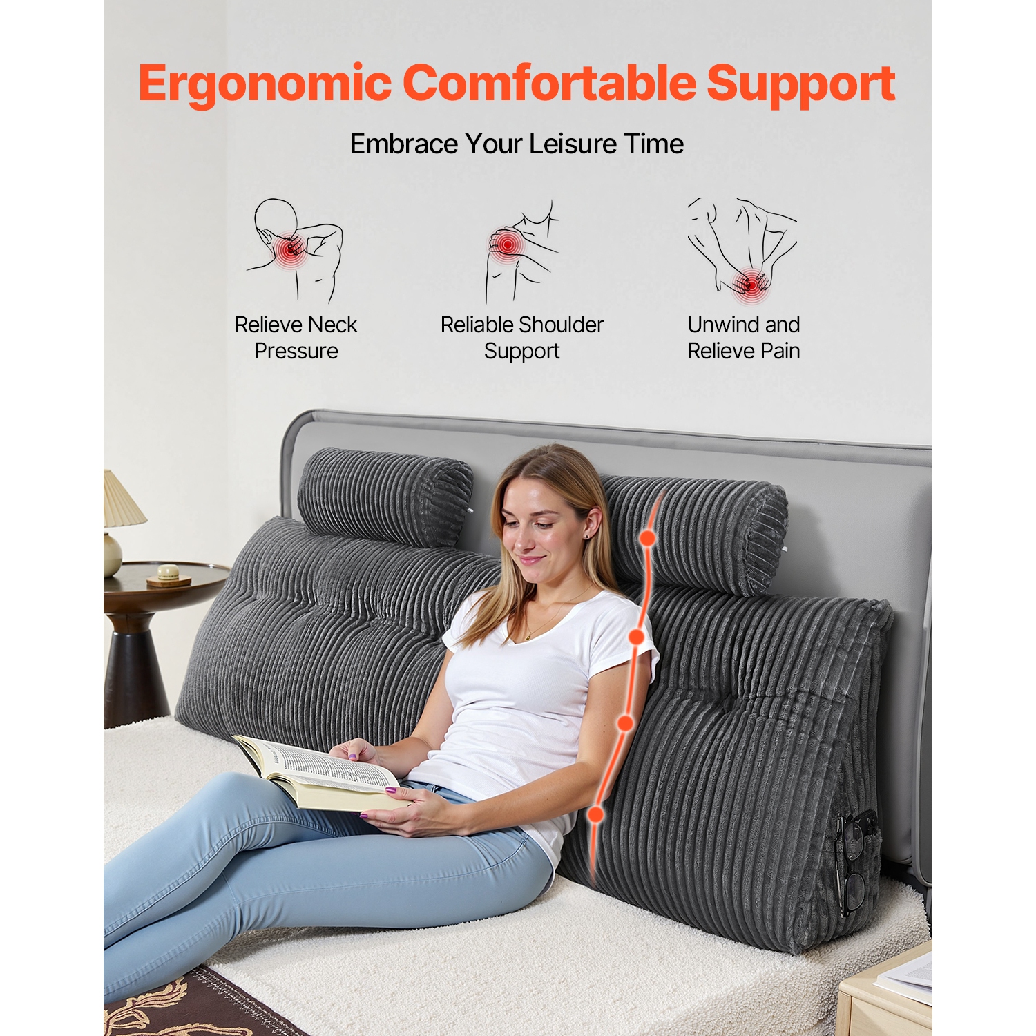 Oreiller de tête de lit VEVOR 2 pochettes latérales, très grand oreiller en coin avec 2 appuie-tête, oreiller en coin avec tissu de flanelle lavable,