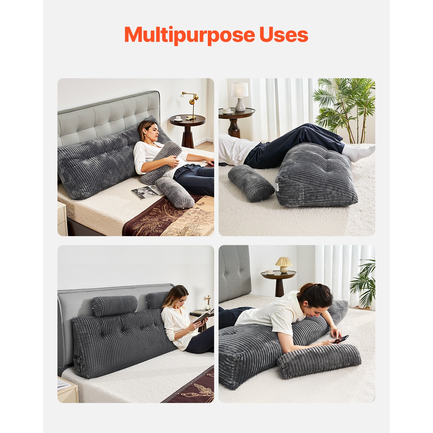 Oreiller de tête de lit VEVOR 2 pochettes latérales, très grand oreiller en coin avec 2 appuie-tête, oreiller en coin avec tissu de flanelle lavable,