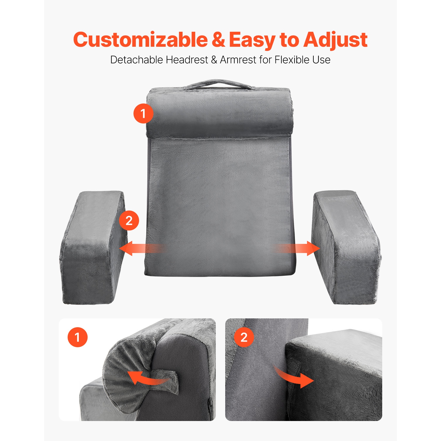 VEVOR 3 Pockets Reading Pillow, Backrest Support Pillow with Arm, Large Size Bed Pillow with Removable Headrest & 25D Sponge, Handle for Easy