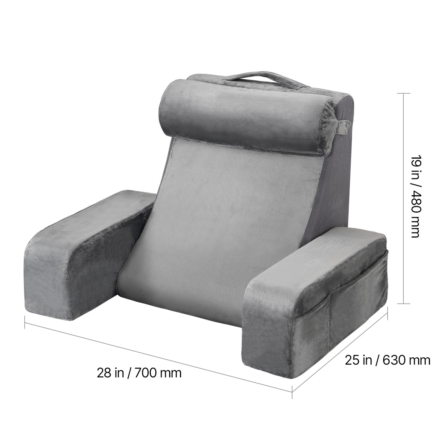 VEVOR 3 Pockets Reading Pillow, Backrest Support Pillow with Arm, Large Size Bed Pillow with Removable Headrest & 25D Sponge, Handle for Easy