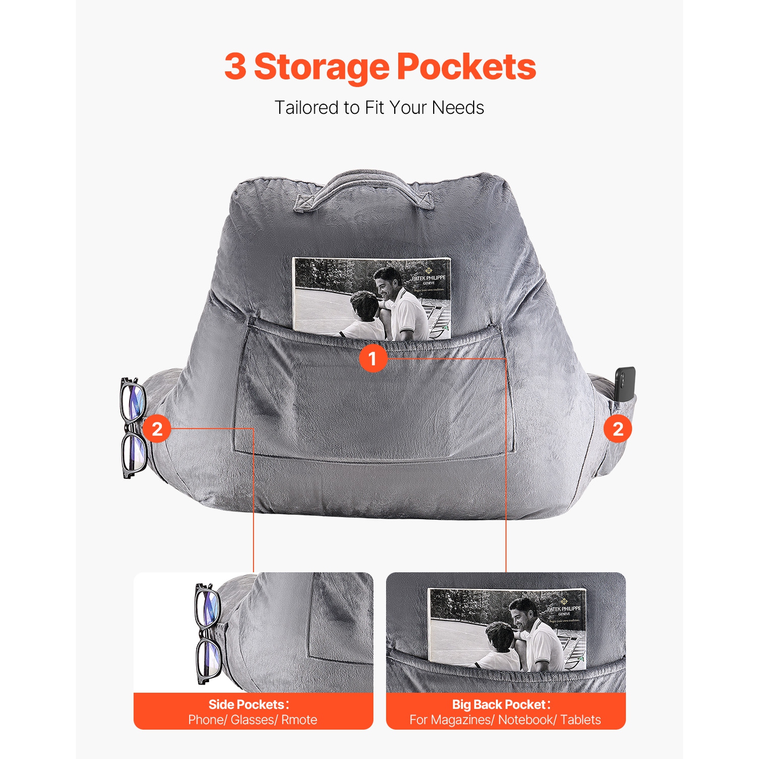 VEVOR 3 Pockets Reading Pillow, Standard Size Bed Pillow with Shredded Memory Foam, Back Pillow with Washable Short Velvet Cloth, Top with Handle,