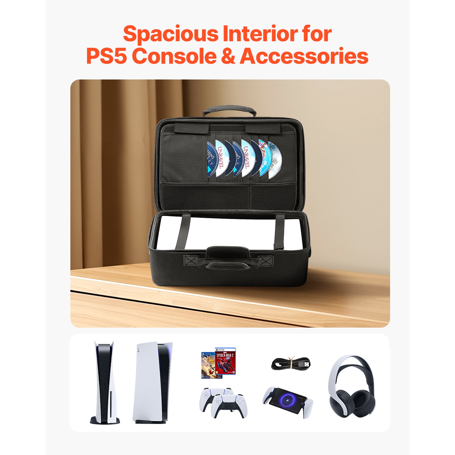 VEVOR PS5 Carrying Case, Travel Bag for Playstation 5 Shockproof EVA, Soft Interior Lining & Padded Dividers for Extra Protection, Spacious Design