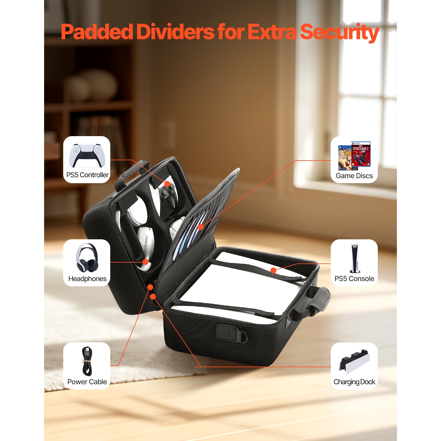 VEVOR PS5 Carrying Case, Travel Bag for Playstation 5 Shockproof EVA, Soft Interior Lining & Padded Dividers for Extra Protection, Spacious Design