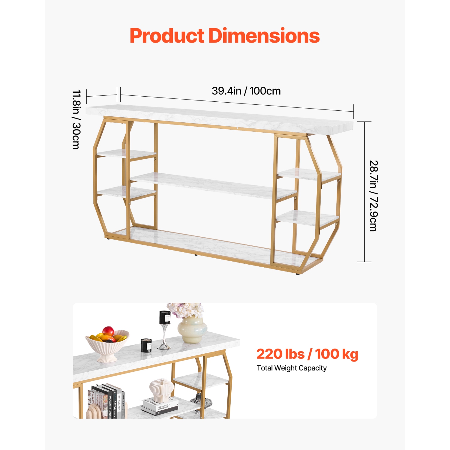 Console en marbre VEVOR à 3 niveaux, console moderne pour rangement ouvert, table géométrique dorée avec tubes en fer, dispositif antibasculement et