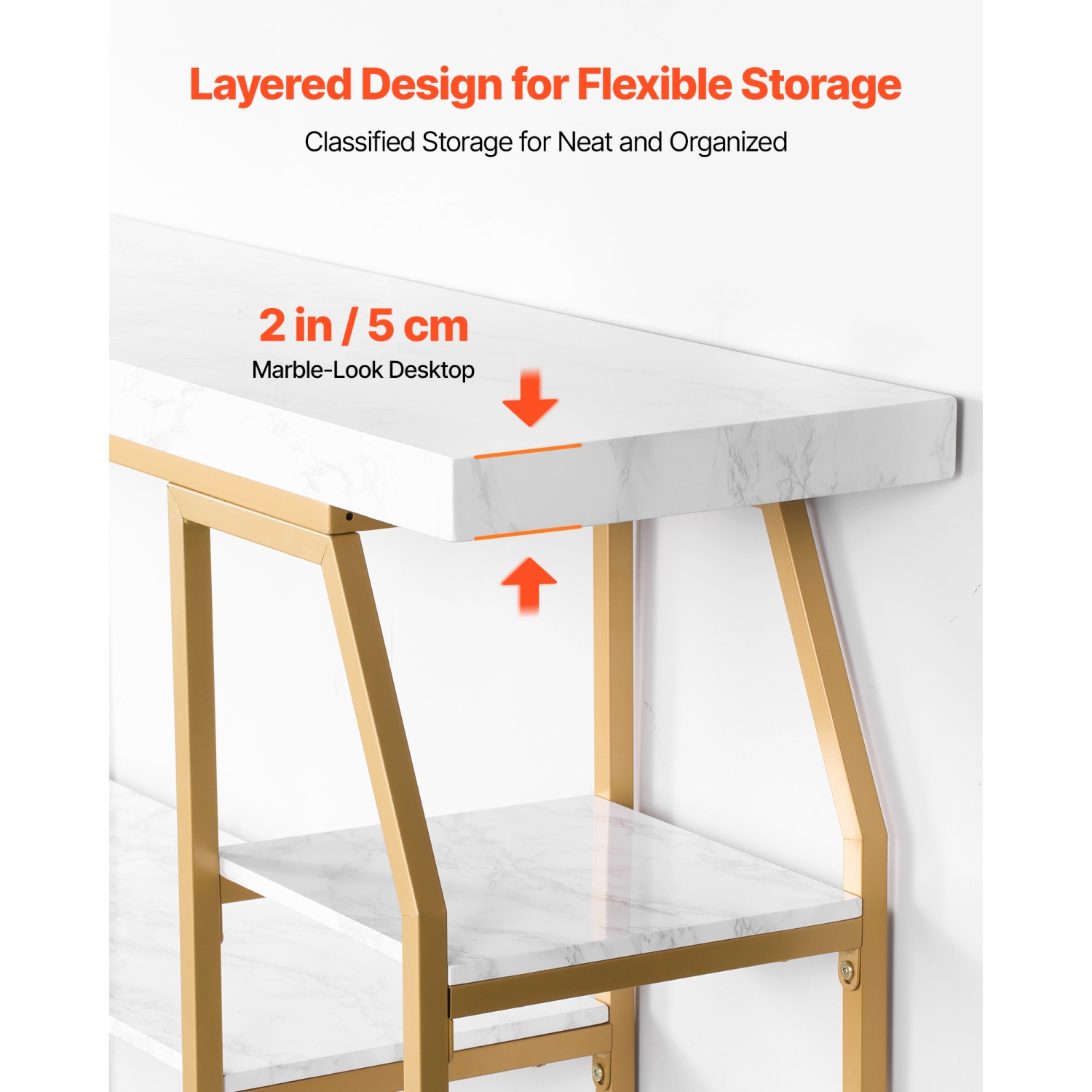 Console en marbre VEVOR à 3 niveaux, console moderne pour rangement ouvert, table géométrique dorée avec tubes en fer, dispositif antibasculement et