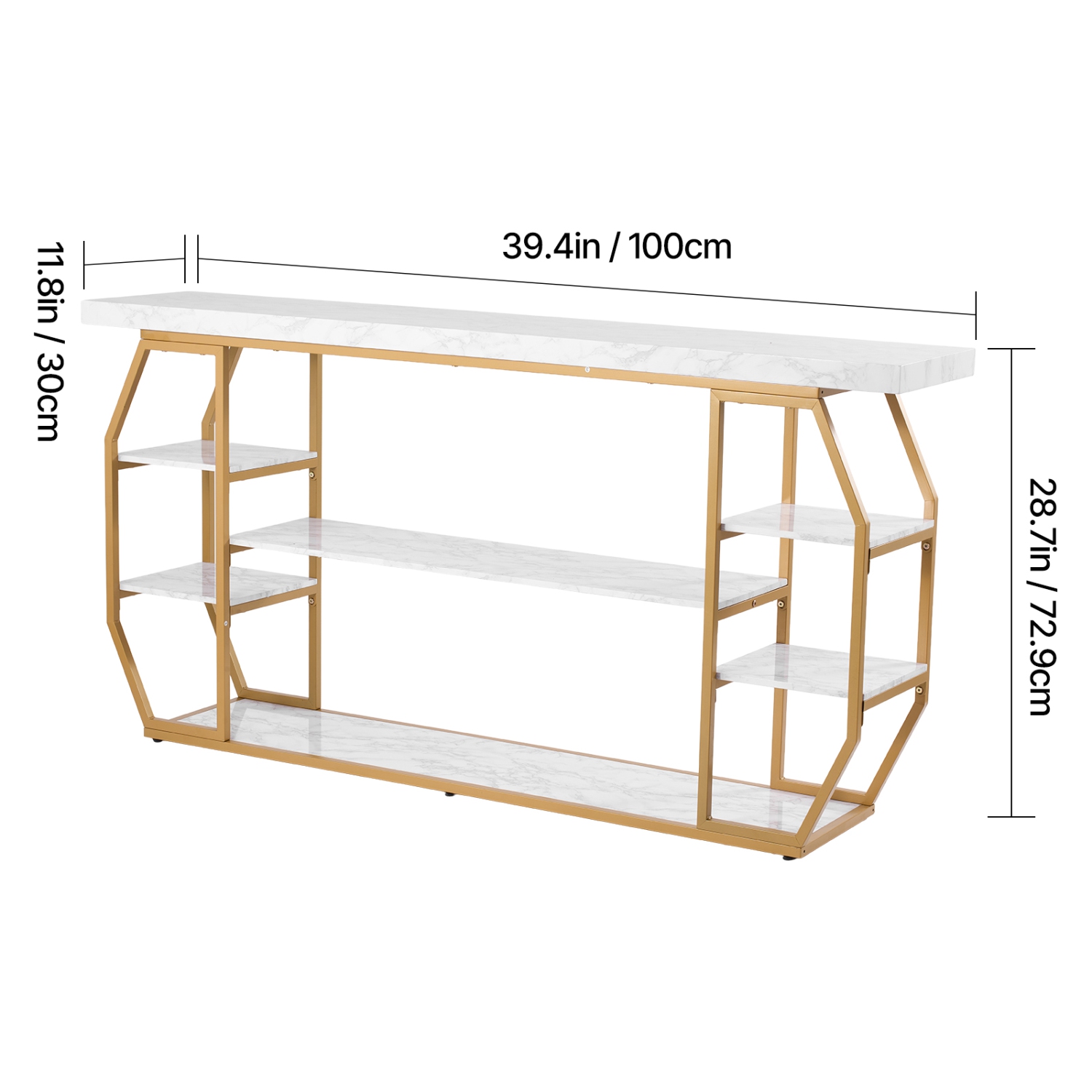Console en marbre VEVOR à 3 niveaux, console moderne pour rangement ouvert, table géométrique dorée avec tubes en fer, dispositif antibasculement et