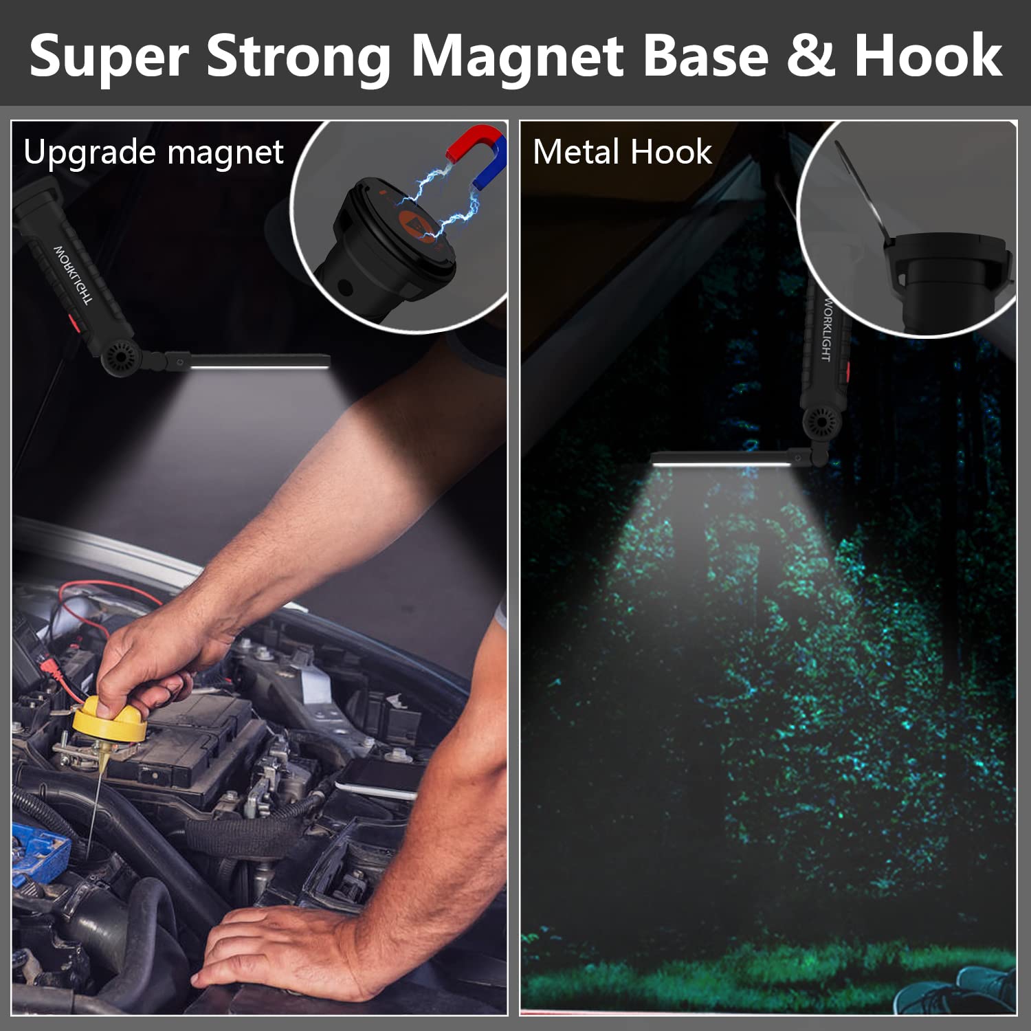 Paquet de 2 lampes de travail pliables portatives, lampe de poche LED rechargeable pour la réparation de voiture, le barbecue et l'extérieur