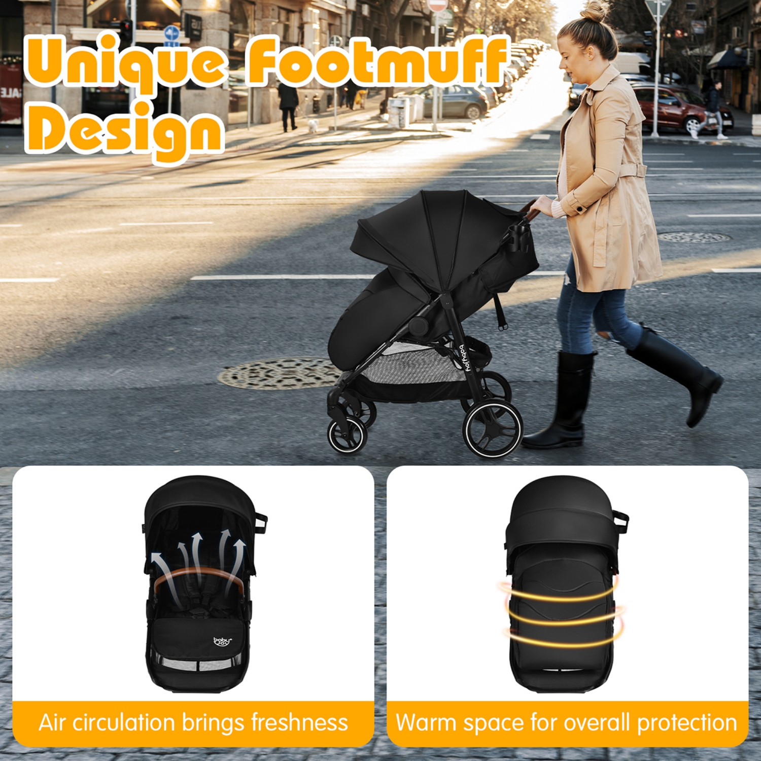 Costway High Landscape Baby Stroller Pushchair w/ Footmuff & Expandable Canopy