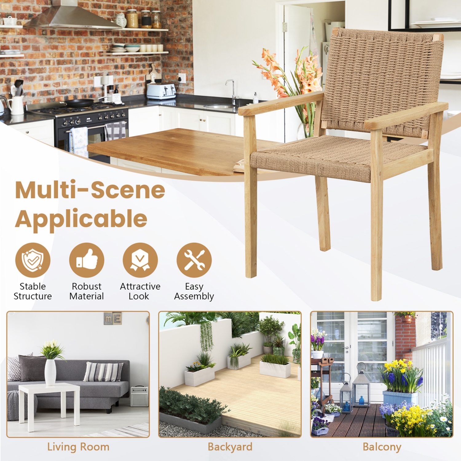 Ensemble de chaises de patio de Costway avec fauteuils de salle à manger en hévéa 2/4 Balcon à siège tissé en papier