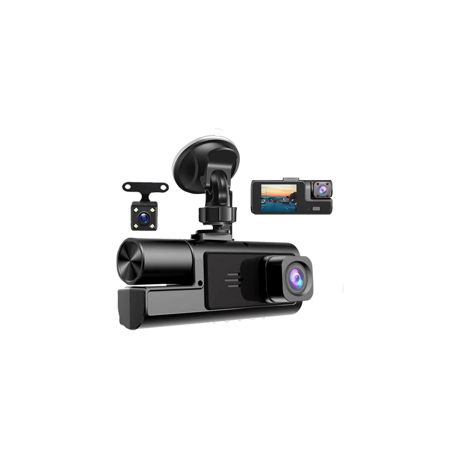 3 Channel Dash Camera for Car Front & Rear Inside Dashcam Car Video Recorder,170° Wide Angle Vehicle Cam,WDR,G-Sensor,Night Vision,Portable Car Dash